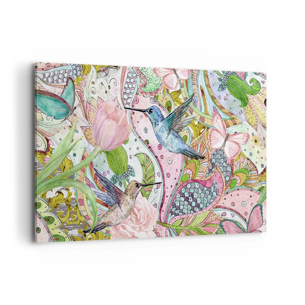 Impression sur toile - Image sur toile - Colibris et papillons colorés parmi les plantes - 120x80cm - Empêtré dans les vignes - Décoration murale moderne pour le salon et la chambre ARTTOR