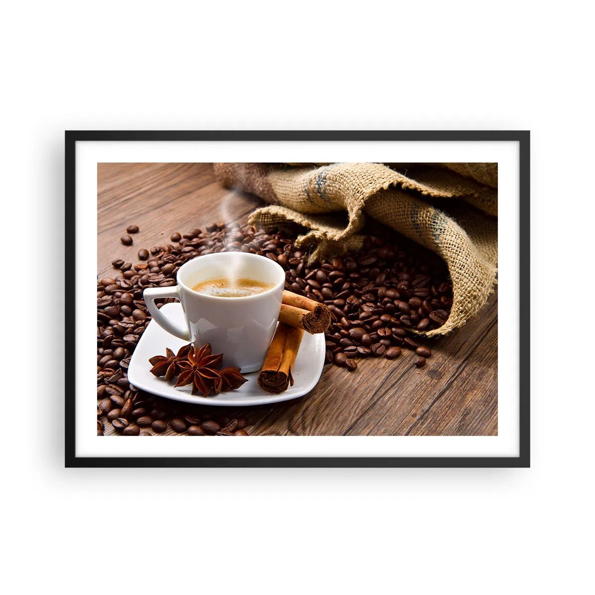 Affiche dans un cadre noir - Poster - Une tasse de café à la cannelle et à l'anis sur un fond de grains de café - 70x50cm - Saveur et arôme épicés - Décoration murale moderne pour le salon et la chambre ARTTOR