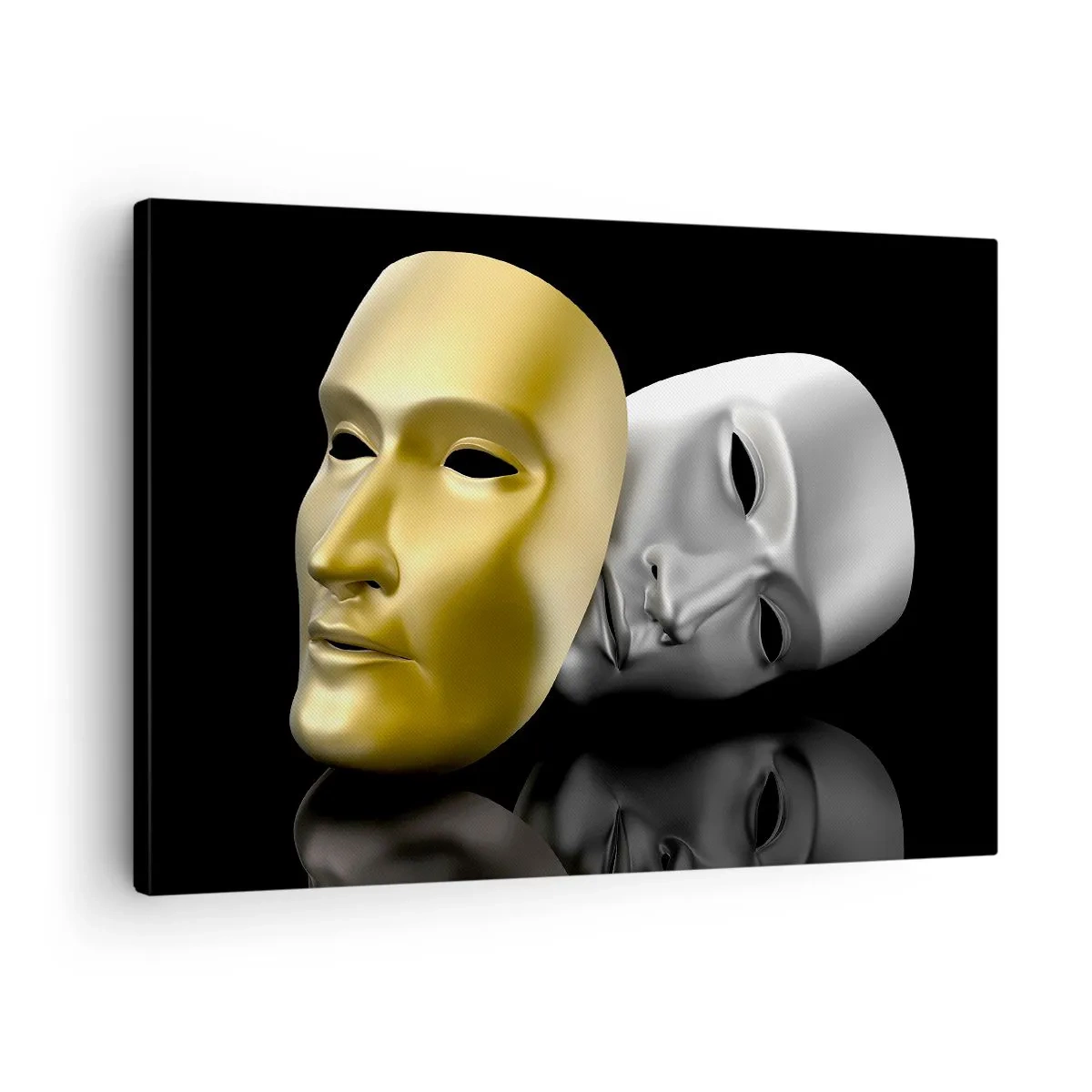 Impression sur toile - Image sur toile - Masque d'or et d'argent sur fond noir - 70x50cm - La vie est un théâtre - Décoration murale moderne pour le salon et la chambre ARTTOR