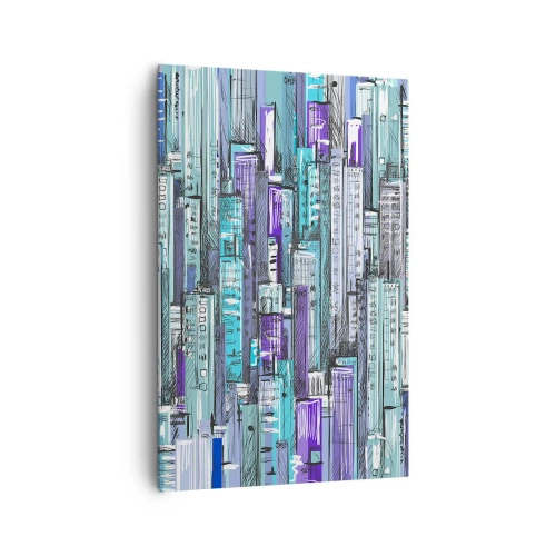 Impression sur toile - Image sur toile - Illustration d'une ville avec des bâtiments géométriques dans des tons de bleu et de violet. - 80x120cm - Bleuâtre avec le ciel - Décoration murale moderne pour le salon et la chambre ARTTOR