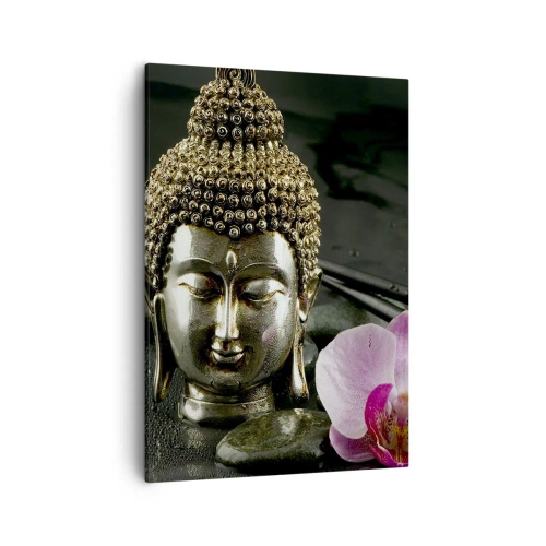 Impression sur toile - Image sur toile - Une statuette de Bouddha avec une orchidée et des baguettes sur un fond de pierres - 50x70cm - Harmonie de la sagesse et de la beauté - Décoration murale moderne pour le salon et la chambre ARTTOR