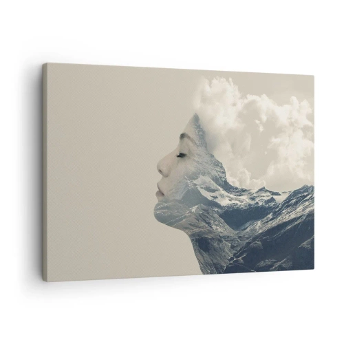 Impression sur toile - Image sur toile - Silhouette d'une femme avec un paysage de montagne en arrière-plan - 70x50cm - La beauté des éléments - Décoration murale moderne pour le salon et la chambre ARTTOR