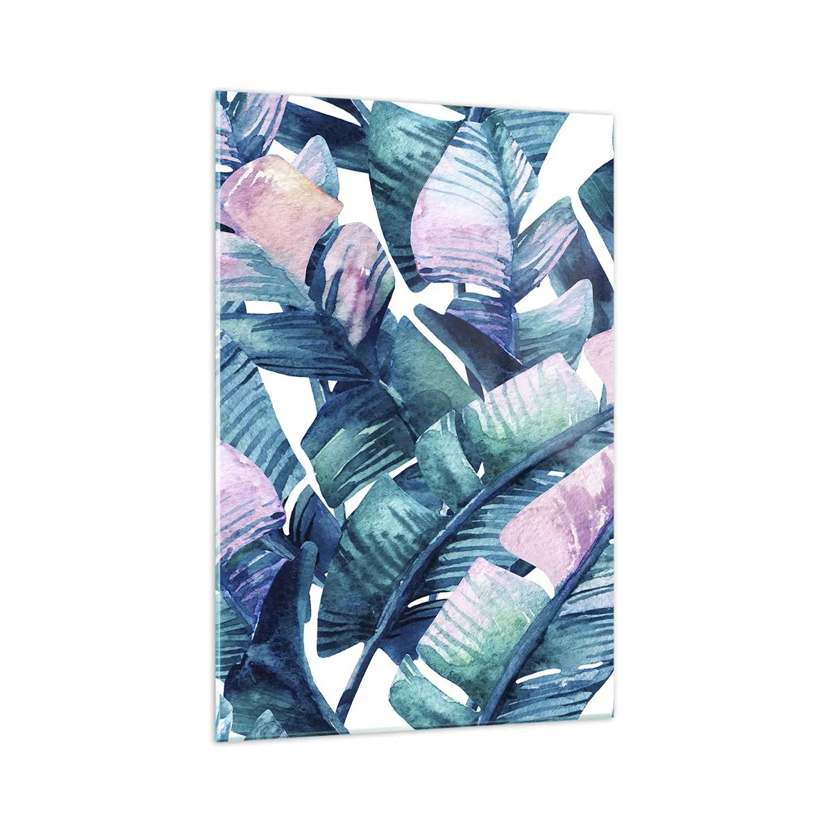 Impression sur verre - Image sur verre - Feuilles de bananier dans les tons bleu et rose - 70x100cm - Dans une bananeraie - Décoration murale moderne pour le salon et la chambre ARTTOR
