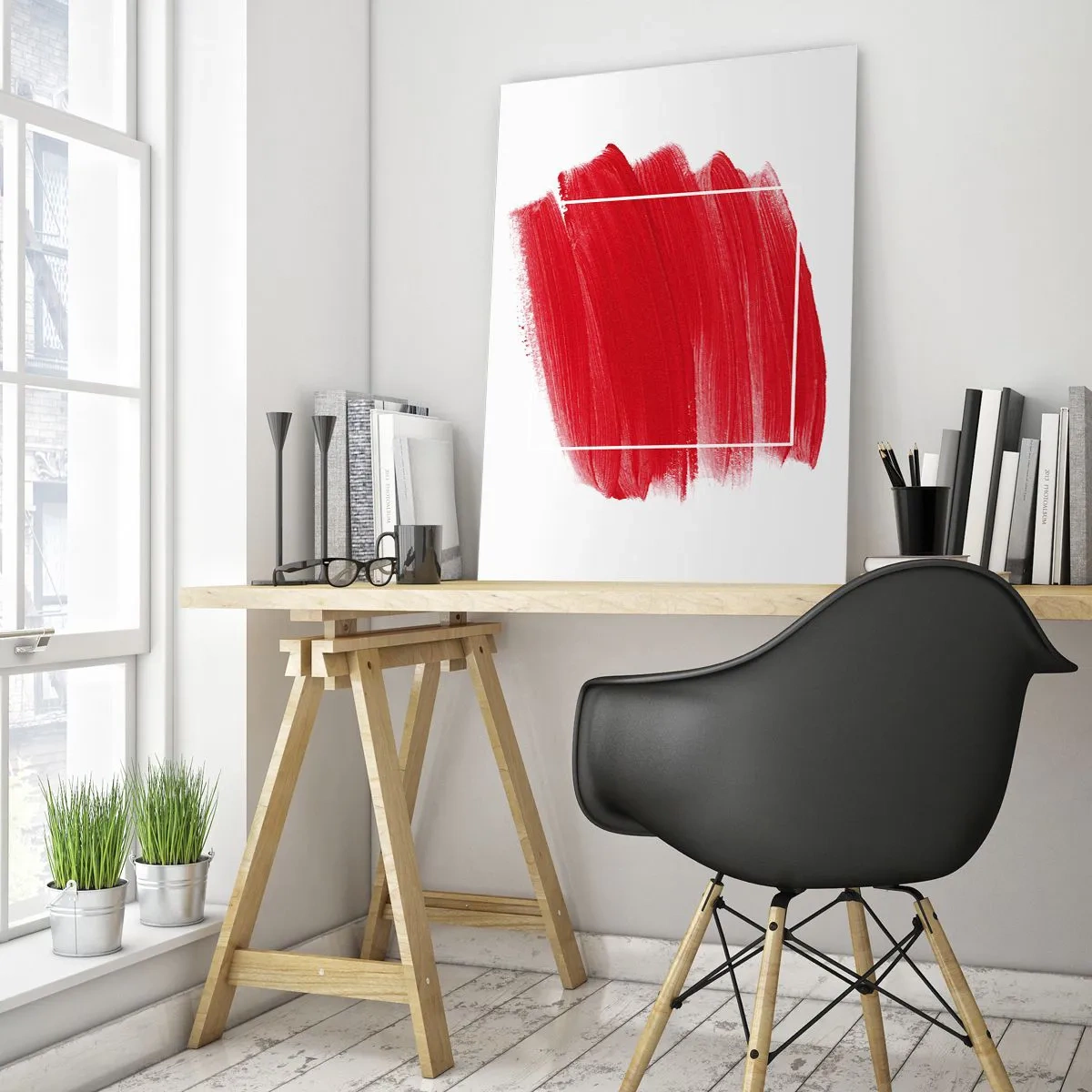 Impression sur verre - Image sur verre - Coup de pinceau rouge avec bordure blanche - 80x120cm - En dehors du cadre - Décoration murale moderne pour le salon et la chambre ARTTOR