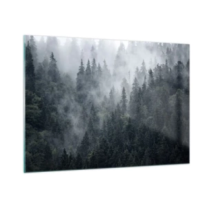 Impression sur verre - Image sur verre - Brouillard suspendu au-dessus de la dense forêt de conifères le matin - 100x70cm - Aube de la forêt - Décoration murale moderne pour le salon et la chambre ARTTOR