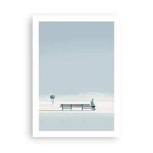 Affiche - Poster - Une personne assise sur un banc dans un paysage minimaliste et paisible. - 50x70cm - Oui, j'attends. - Décoration murale moderne pour le salon et la chambre ARTTOR