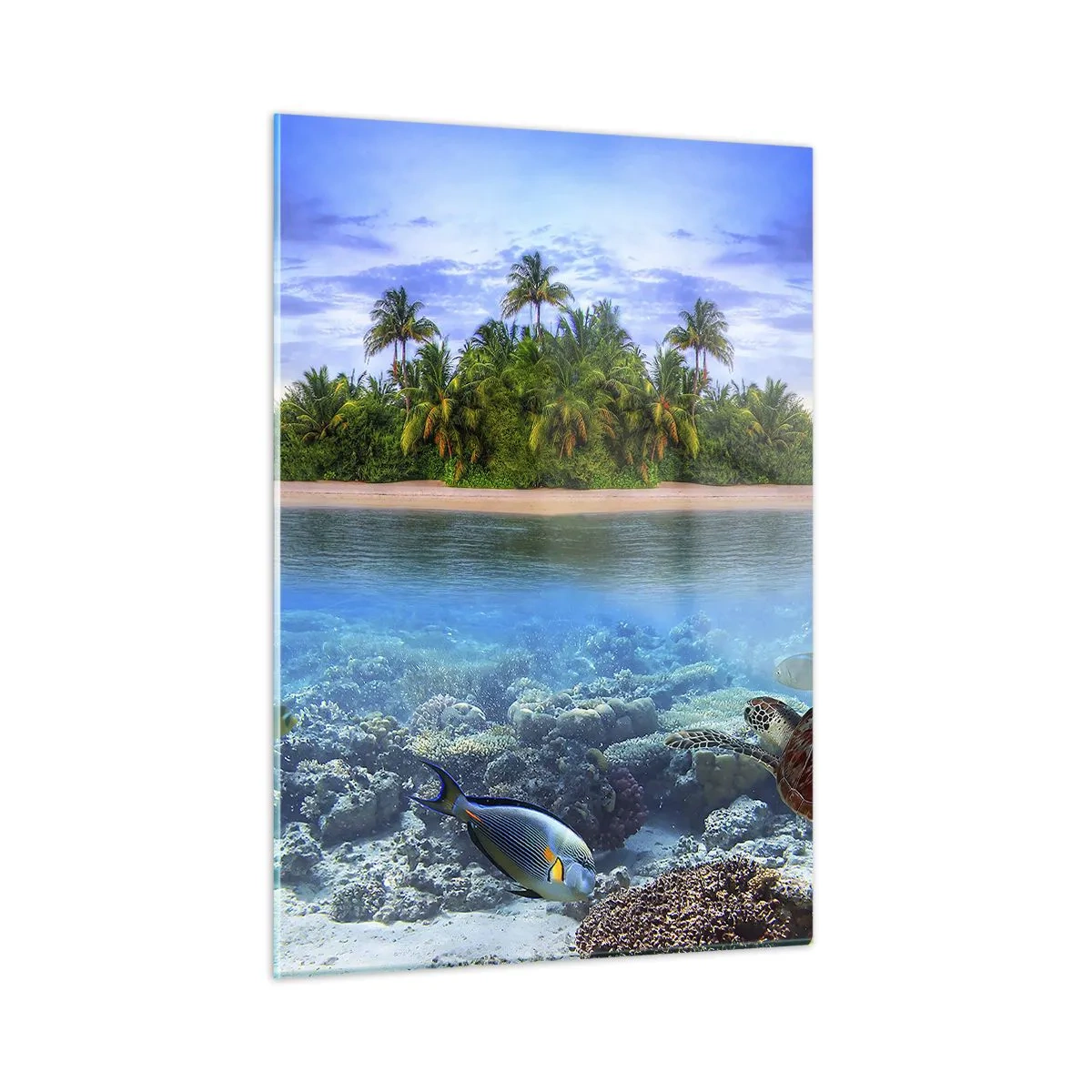 Impression sur verre - Image sur verre - Une île tropicale avec un récif corallien et une vie marine - 50x70cm - L'île céleste vous invite - Décoration murale moderne pour le salon et la chambre ARTTOR
