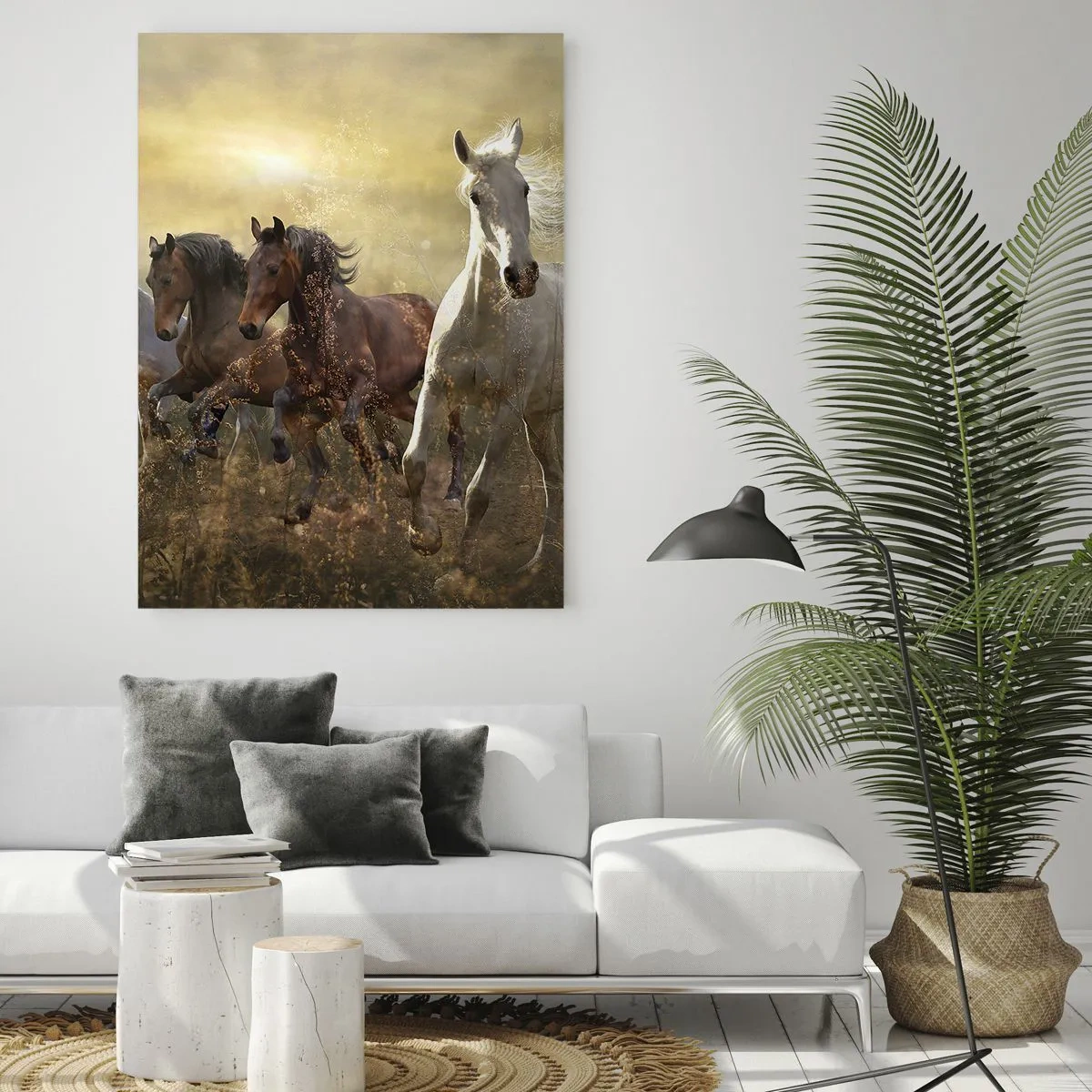 Impression sur verre - Image sur verre - Un groupe de chevaux au galop sur fond de soleil couchant - 80x120cm - Vive la liberté! - Décoration murale moderne pour le salon et la chambre ARTTOR