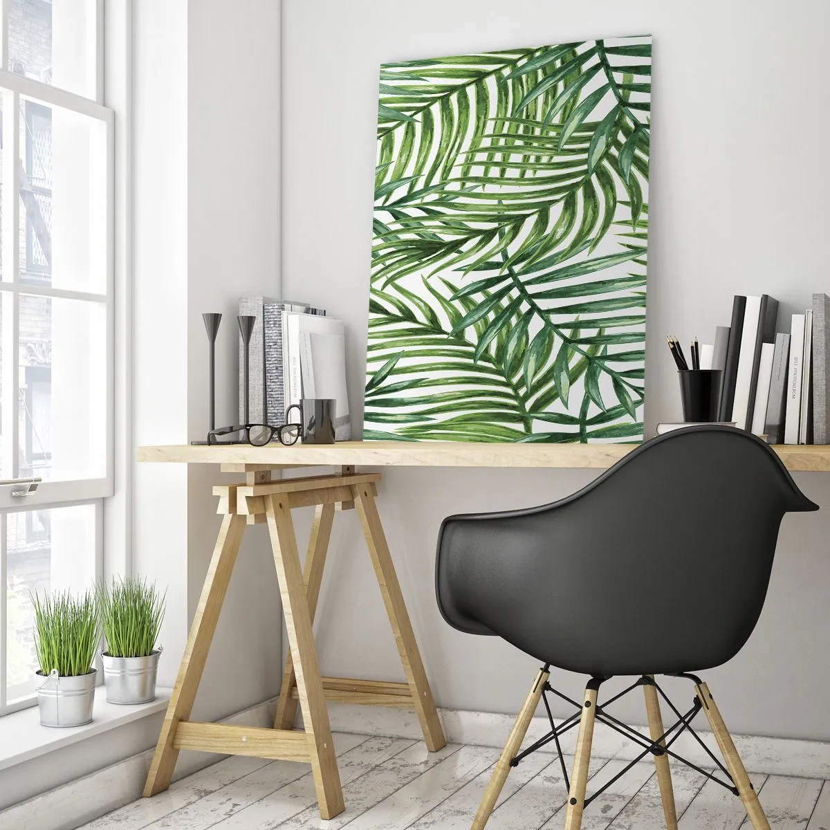 Impression sur verre - Image sur verre - Feuilles de palmier tropicales vertes sur fond clair - 70x100cm - Sous la canopée verte - Décoration murale moderne pour le salon et la chambre ARTTOR