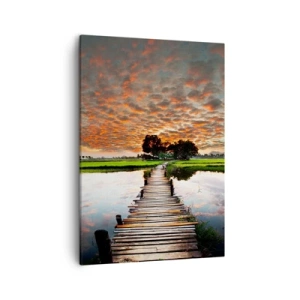 Impression sur toile - Image sur toile - Pont en bois sur l'eau au coucher du soleil - 50x70cm - Étendez vos bras - respirez - Décoration murale moderne pour le salon et la chambre ARTTOR