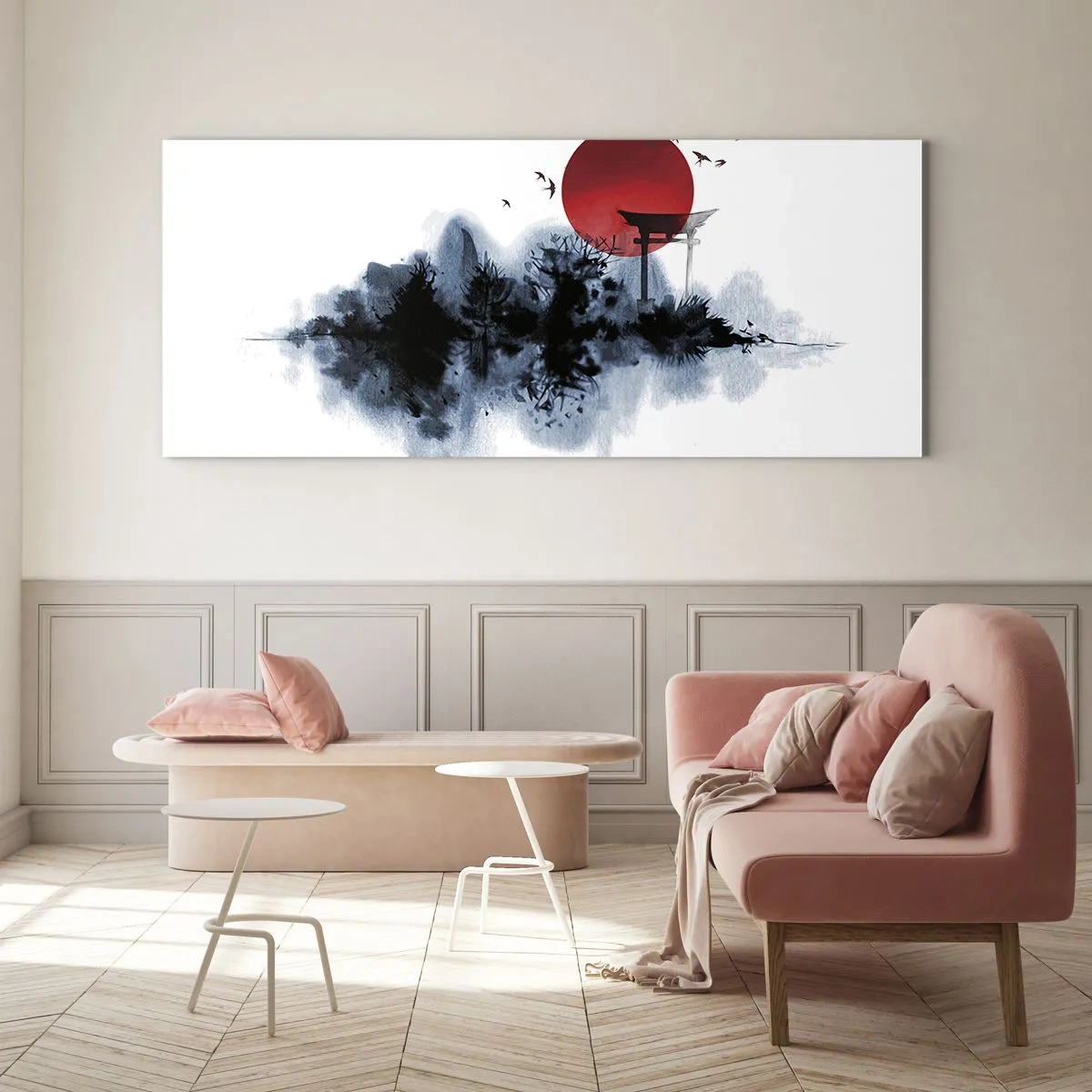 Impression sur verre - Image sur verre - Soleil rouge sur un paysage pittoresque avec torii - 120x50cm - Vue japonnaise - Décoration murale moderne pour le salon et la chambre ARTTOR