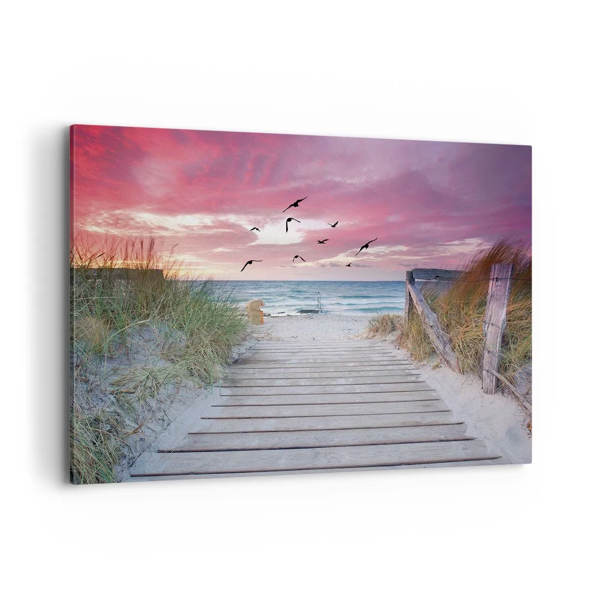 Impression sur toile - Image sur toile - Chemin en bois sur la plage au coucher du soleil rose - 100x70cm - Impression de la Baltique - Décoration murale moderne pour le salon et la chambre ARTTOR