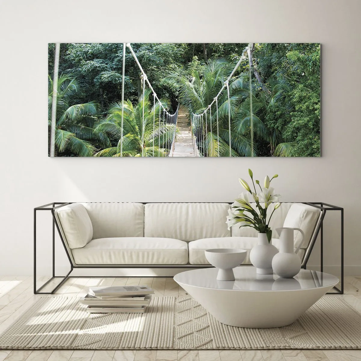 Impression sur verre - Image sur verre - Un pont suspendu dans une jungle tropicale pleine de verdure - 140x50cm - Welcome to the jungle! - Décoration murale moderne pour le salon et la chambre ARTTOR