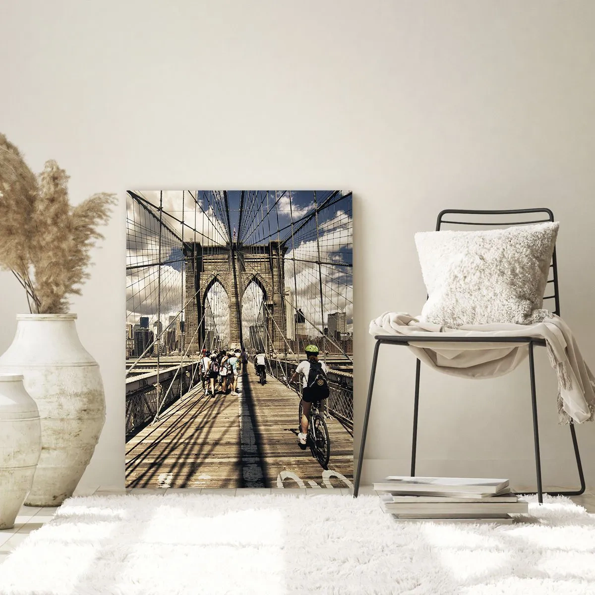 Impression sur verre - Image sur verre - Pont de Brooklyn avec vue sur les piétons et les cyclistes - 80x120cm - Directement en plein coeur de la ville - Décoration murale moderne pour le salon et la chambre ARTTOR
