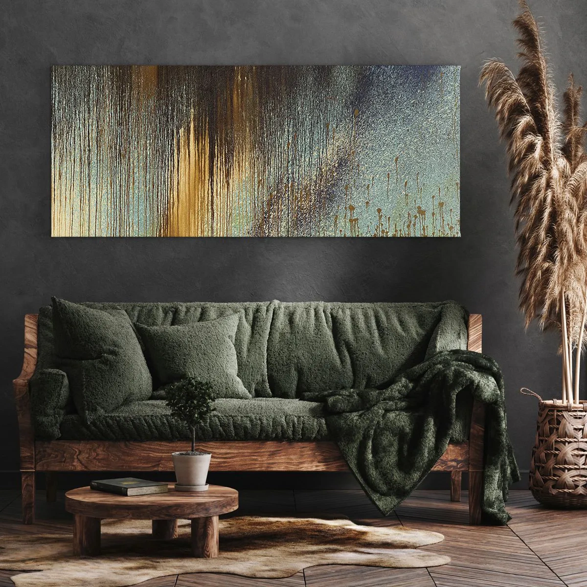 Impression sur toile - Image sur toile - Une composition abstraite de couleurs dans des tons d'or, de marron et de bleu. - 120x50cm - Une composition de couleirs non fortuite - Décoration murale moderne pour le salon et la chambre ARTTOR
