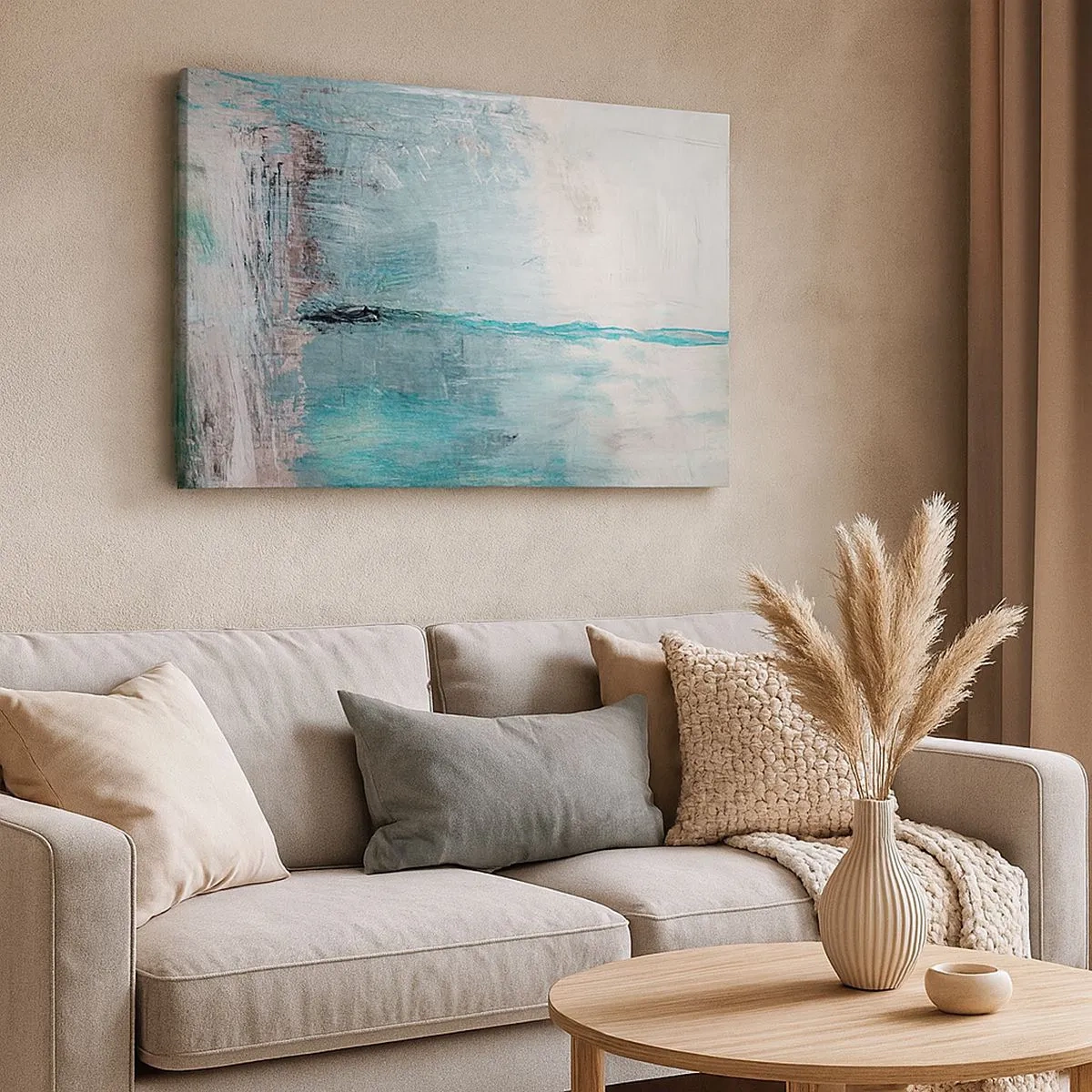 Impression sur toile - Image sur toile - Abstraction dans les tons turquoise et gris - 70x50cm - Horizontalement en bleu - Décoration murale moderne pour le salon et la chambre ARTTOR