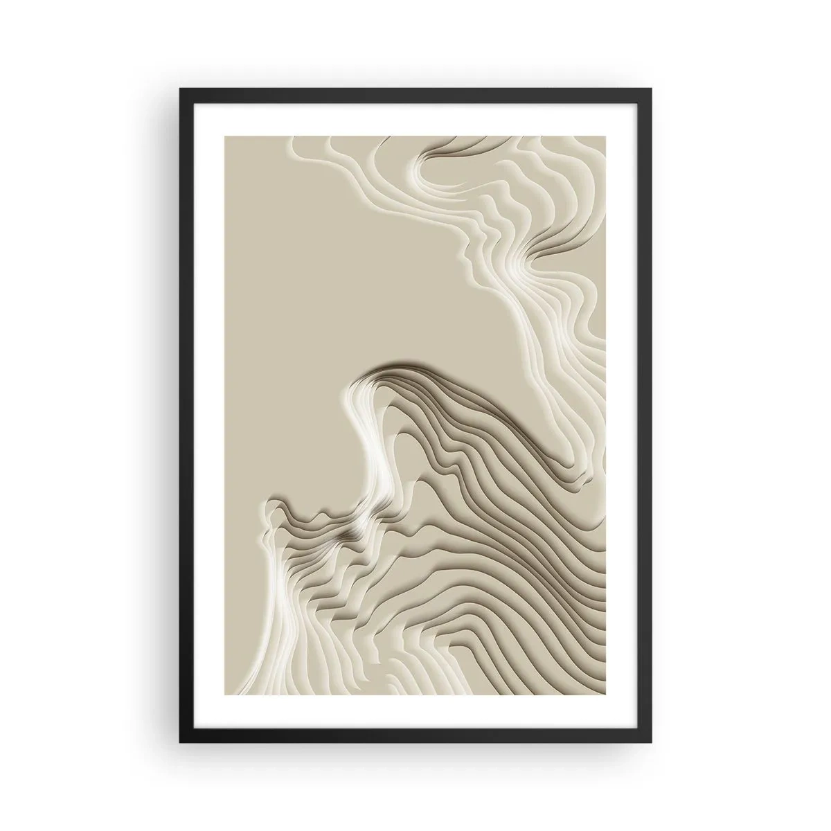 Affiche dans un cadre noir - Poster - Ondes superposées dans des tons beige et marron - 50x70cm - Topographie artistique - Décoration murale moderne pour le salon et la chambre ARTTOR