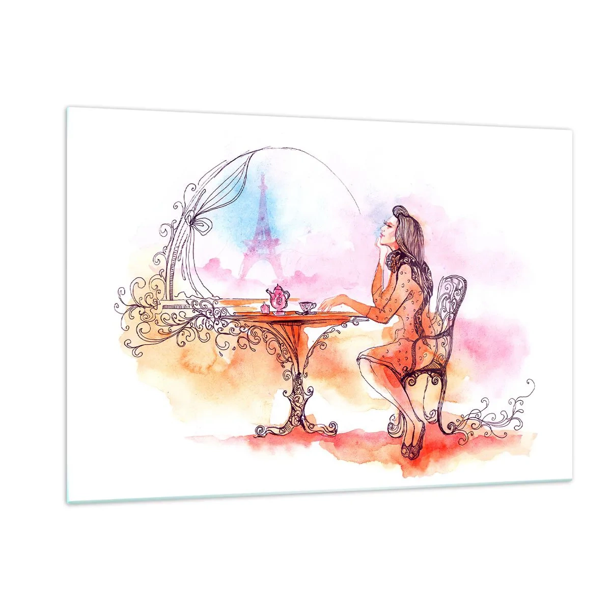 Impression sur verre - Image sur verre - Une femme à une table avec vue sur la Tour Eiffel dans des tons pastel - 120x80cm - Le chic parisien - Décoration murale moderne pour le salon et la chambre ARTTOR