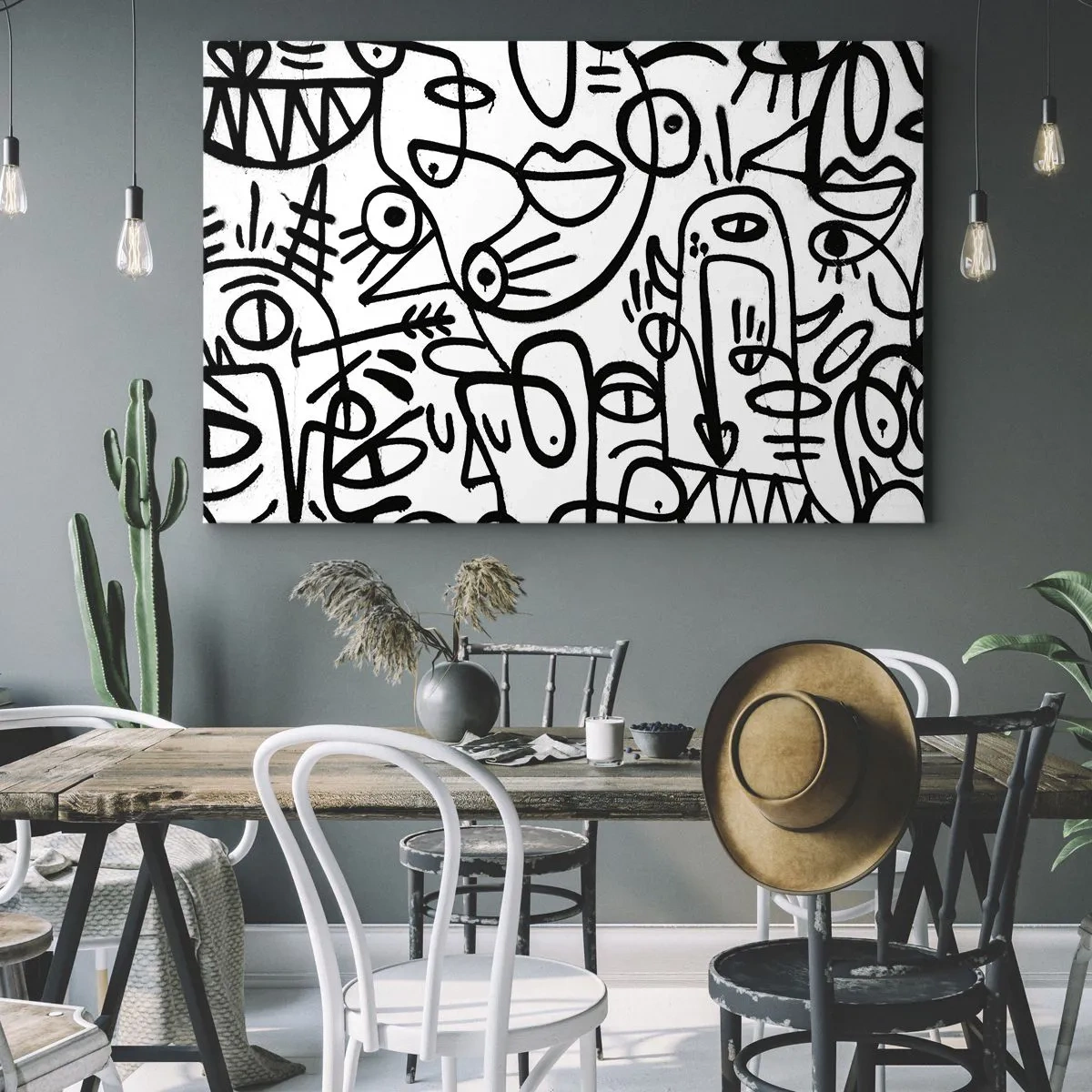 Impression sur toile - Image sur toile - Dessins abstraits en noir et blanc avec des motifs faciaux - 120x80cm - Visages et mirages - Décoration murale moderne pour le salon et la chambre ARTTOR
