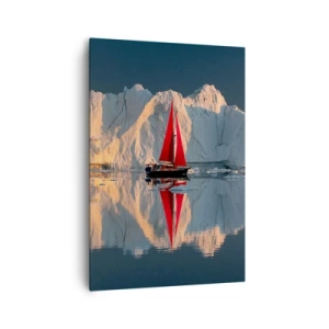 Impression sur toile - Image sur toile - Un voilier avec une voile rouge sur fond de glacier - 70x100cm - Aux limites du monde - Décoration murale moderne pour le salon et la chambre ARTTOR