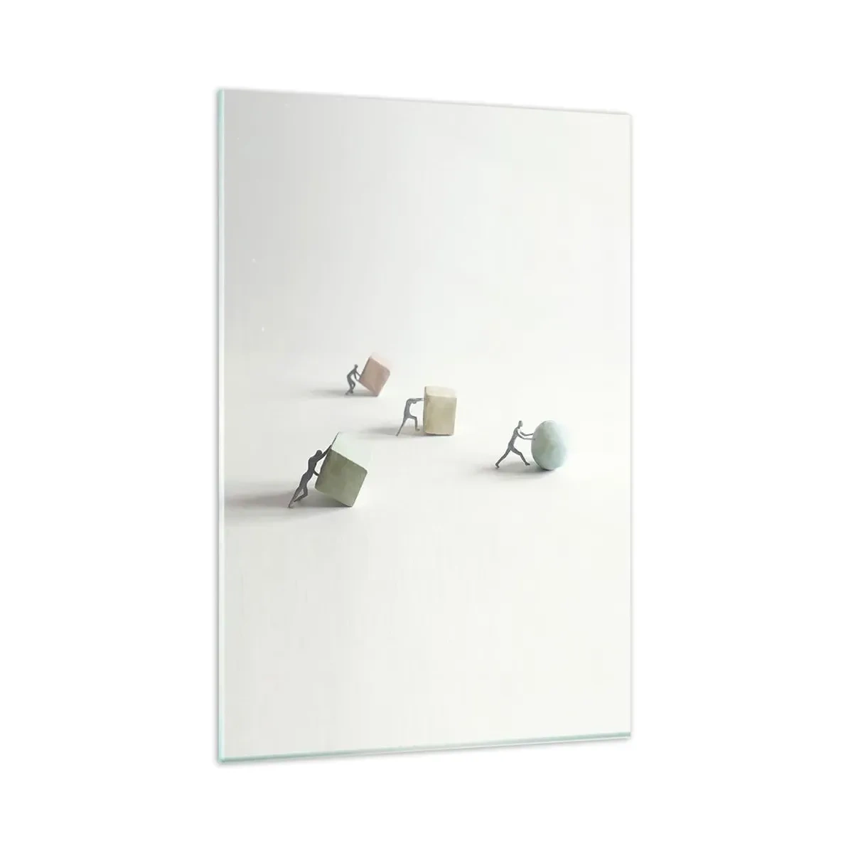 Impression sur verre - Image sur verre - Figurines miniatures poussant des formes sur un fond clair - 80x120cm - Rien que la vie - Décoration murale moderne pour le salon et la chambre ARTTOR