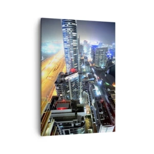 Impression sur toile - Image sur toile - Panorama de la ville nocturne avec des gratte-ciel illuminés - 50x70cm - Un miracle dans le désert - Décoration murale moderne pour le salon et la chambre ARTTOR