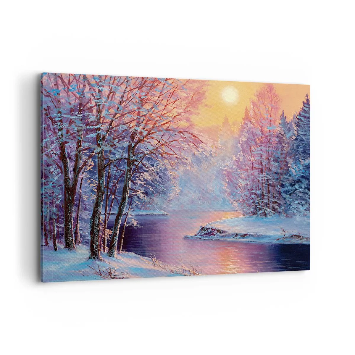 Impression sur toile - Image sur toile - Paysage d'hiver avec rivière et arbres au lever du soleil - 120x80cm - Couleurs d'hiver - Décoration murale moderne pour le salon et la chambre ARTTOR