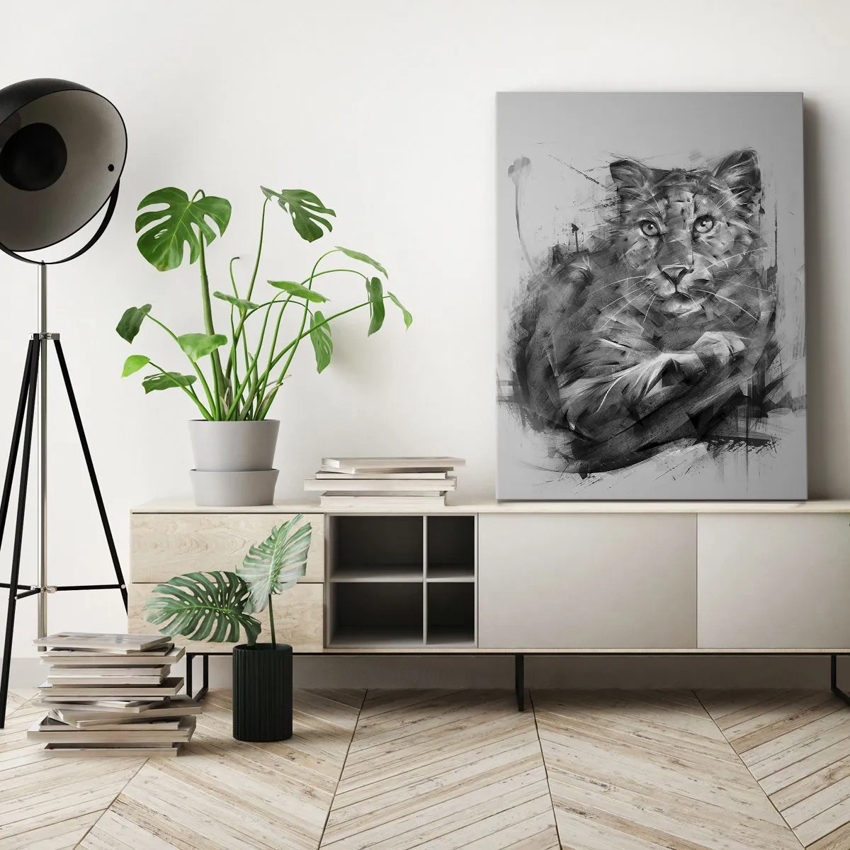 Impression sur toile - Image sur toile - Portrait noir et blanc d'un lion dans un style artistique avec des traits dynamiques. - 80x120cm - Oui, j'écoute attentivement - Décoration murale moderne pour le salon et la chambre ARTTOR