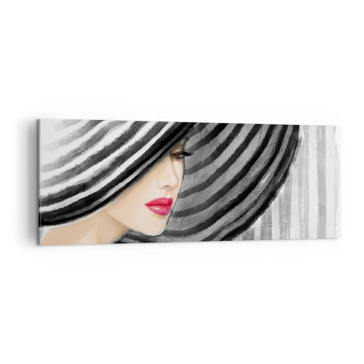 Impression sur toile - Image sur toile - Femme portant un chapeau noir et blanc avec une touche rouge - 140x50cm - Où te chercher ? - Décoration murale moderne pour le salon et la chambre ARTTOR