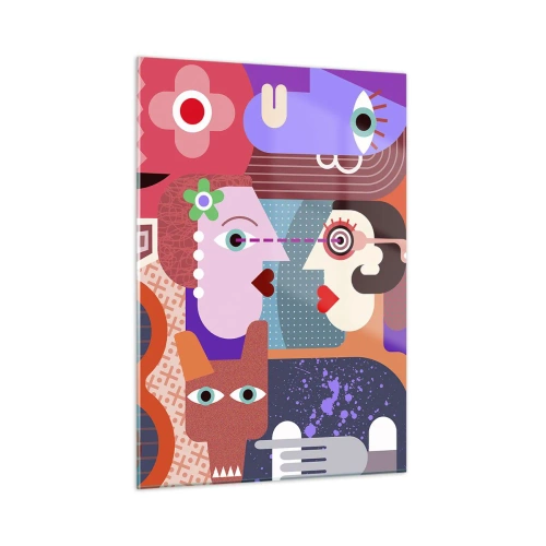 Impression sur verre - Image sur verre - Une composition abstraite de visages et de formes aux couleurs intenses. - 50x70cm - Les yeux dans les yeux - Décoration murale moderne pour le salon et la chambre ARTTOR