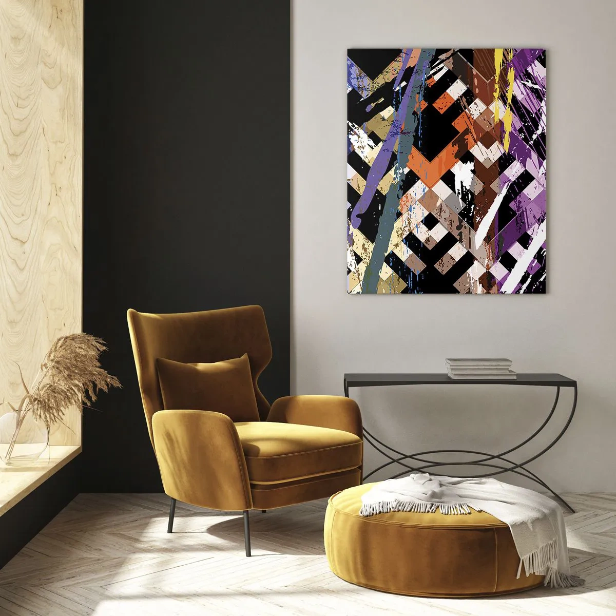 Impression sur verre - Image sur verre - Composition abstraite avec des lignes colorées sur fond noir - 70x100cm - Se mettre au carré - Décoration murale moderne pour le salon et la chambre ARTTOR