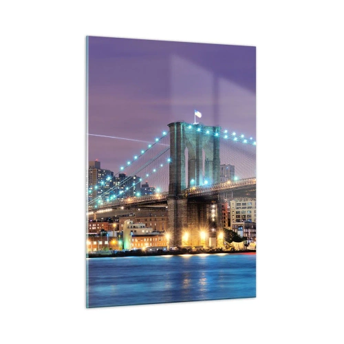 Impression sur verre - Image sur verre - Le pont de Brooklyn la nuit avec les tours et la ville illuminées - 50x70cm - Depuis de nombreuses années le pont de Brooklyn - Décoration murale moderne pour le salon et la chambre ARTTOR