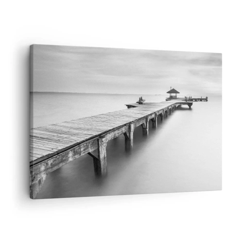 Impression sur toile - Image sur toile - Une vue en noir et blanc d'une jetée en bois sur une eau calme. - 70x50cm - À l'horizon - Décoration murale moderne pour le salon et la chambre ARTTOR