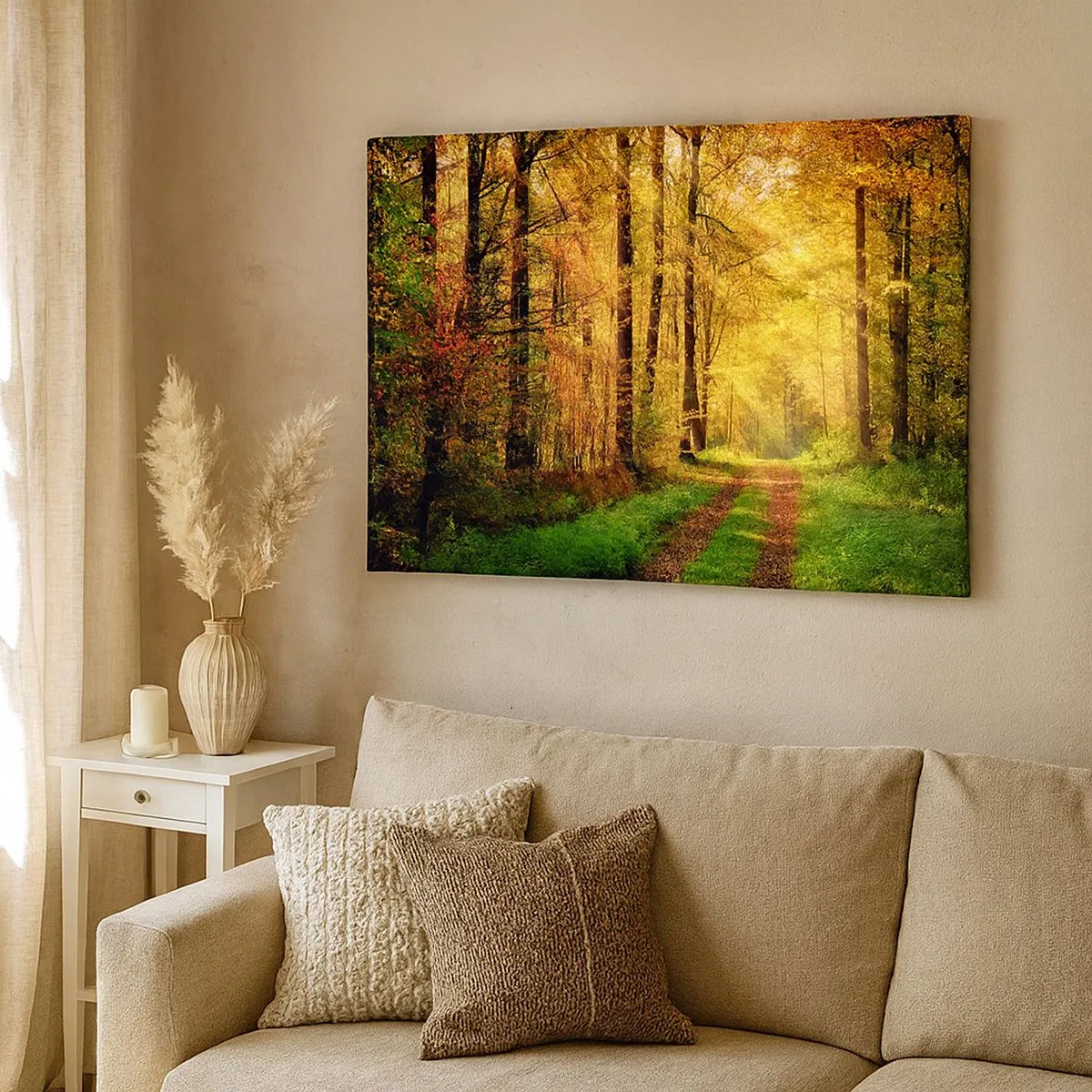 Impression sur toile - Image sur toile - Un chemin forestier entouré d'arbres dorés et verts - 70x50cm - Silence d'or en forêt - Décoration murale moderne pour le salon et la chambre ARTTOR