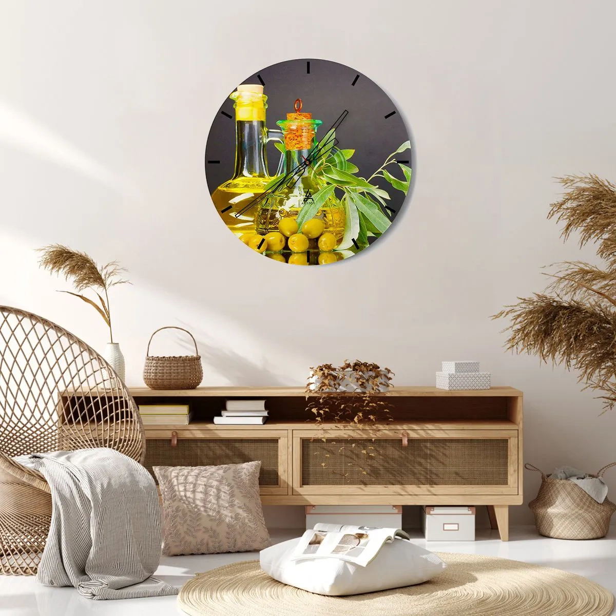 Horloge murale - Pendule murale - Nature morte aux olives et à l'huile d'olive - 40x40 cm