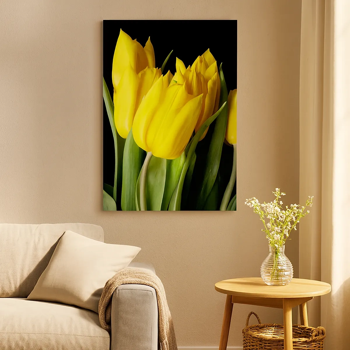 Impression sur toile - Image sur toile - Un bouquet de tulipes jaunes sur fond noir - 50x70cm - Lever de soleil pur - Décoration murale moderne pour le salon et la chambre ARTTOR