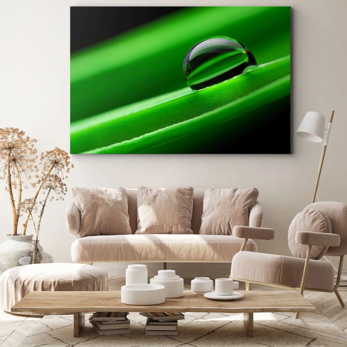 Impression sur toile - Image sur toile - Gros plan d'une goutte de rosée sur une feuille verte - 120x80cm - La vie de près - Décoration murale moderne pour le salon et la chambre ARTTOR