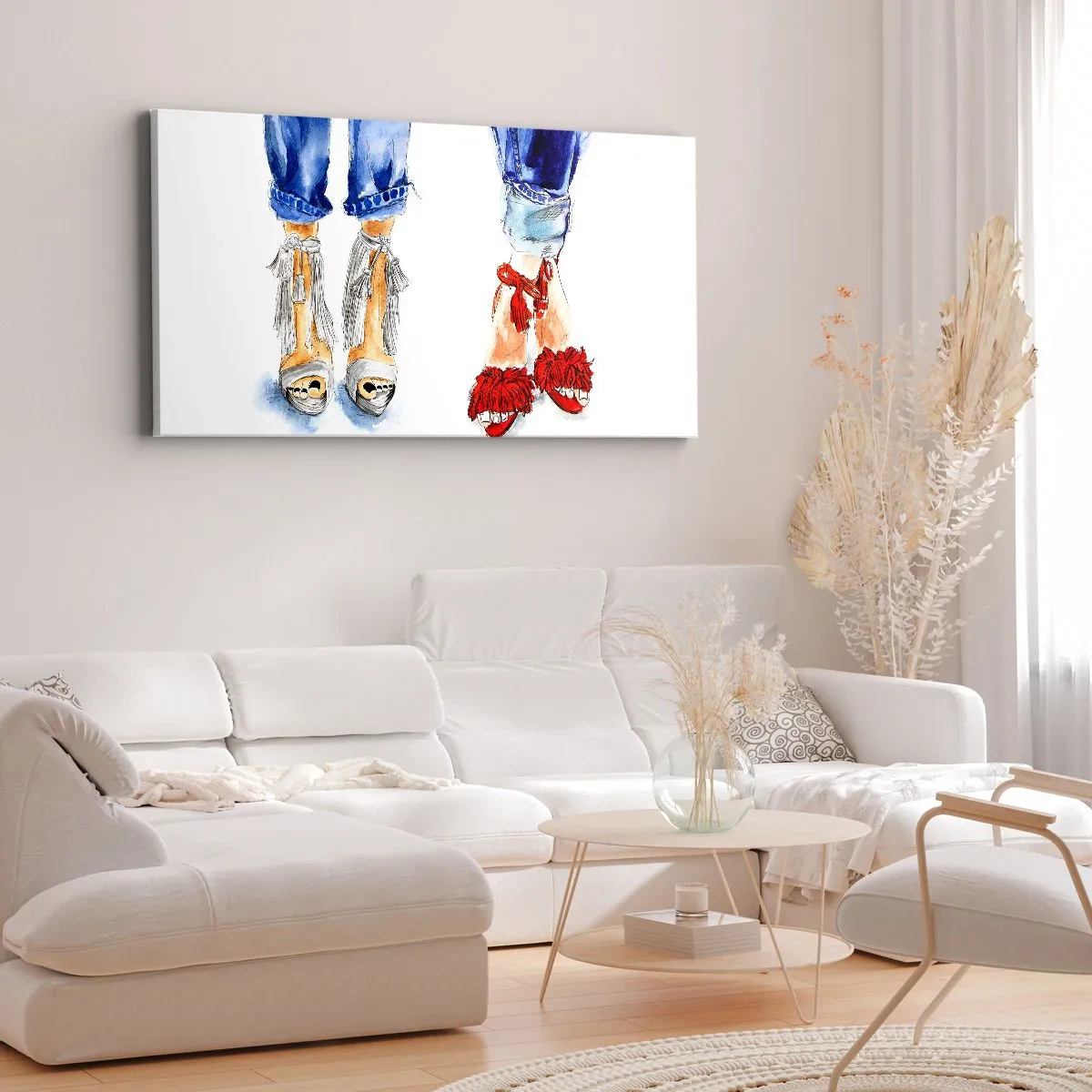 Impression sur toile - Image sur toile - Illustration de deux paires de chaussures dans des sandales élégantes et un jean - 160x50cm - Peut-être irons-nous nous promener? - Décoration murale moderne pour le salon et la chambre ARTTOR