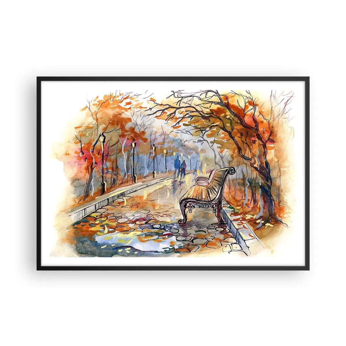 Affiche dans un cadre noir - Poster - Un parc d'automne avec un banc à l'aquarelle - 100x70cm - Errer ensemble à l'automne - Décoration murale moderne pour le salon et la chambre ARTTOR