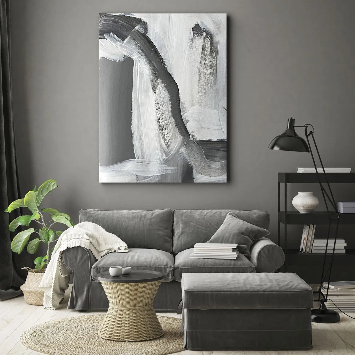 Impression sur toile - Image sur toile - Abstraction grise et blanche avec des lignes dynamiques - 70x100cm - Un geste décisif - Décoration murale moderne pour le salon et la chambre ARTTOR