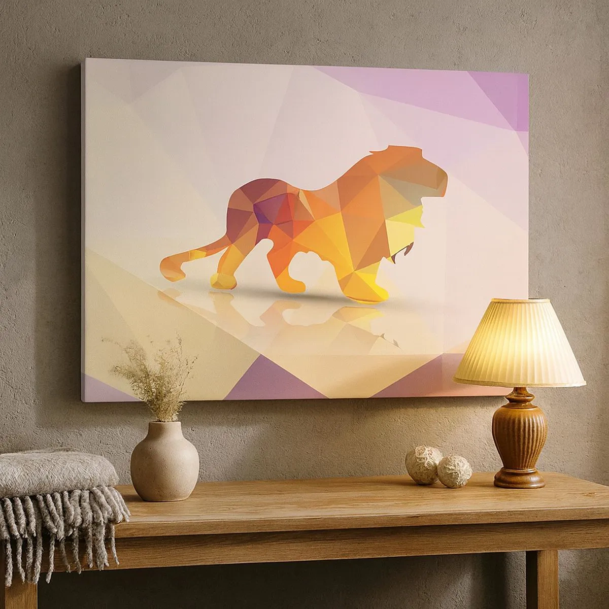 Impression sur toile - Image sur toile - Silhouette géométrique d'un lion dans les tons jaune et orange - 70x50cm - Le roi du diamant - Décoration murale moderne pour le salon et la chambre ARTTOR