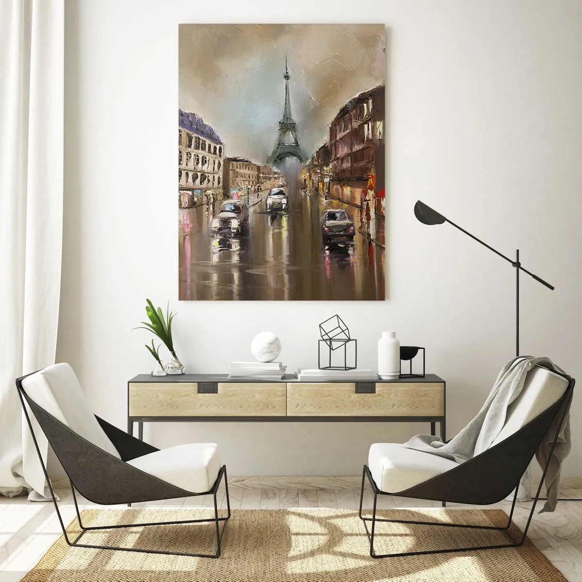Impression sur verre - Image sur verre - Rue de Paris le soir avec vue sur la Tour Eiffel - 50x70cm - Elle seule compte - Décoration murale moderne pour le salon et la chambre ARTTOR