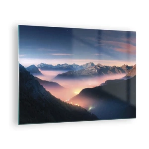 Impression sur verre - Image sur verre - Paysage de montagne au coucher du soleil avec du brouillard dans la vallée - 70x50cm - Lumière dans les vallées - Décoration murale moderne pour le salon et la chambre ARTTOR