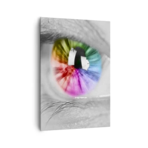 Impression sur toile - Image sur toile - Prise de vue artistique d'un œil avec un iris arc-en-ciel sur fond gris - 70x100cm - Regarde le monde en couleur - Décoration murale moderne pour le salon et la chambre ARTTOR