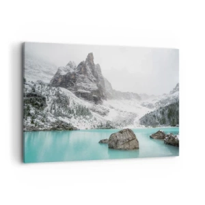 Impression sur toile - Image sur toile - Un paysage de montagne avec un lac entouré de sommets enneigés - 100x70cm - Sur ses gardes - Décoration murale moderne pour le salon et la chambre ARTTOR
