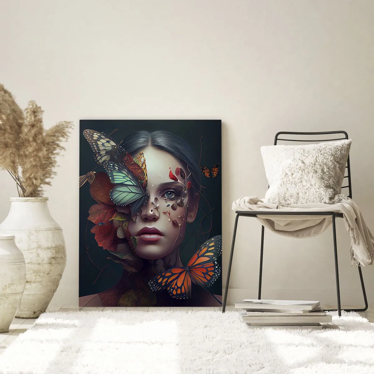 Impression sur verre - Image sur verre - Un visage de femme avec des papillons et des feuilles dans une composition artistique - 50x70cm - Une merveilleuse métamorphose - Décoration murale moderne pour le salon et la chambre ARTTOR