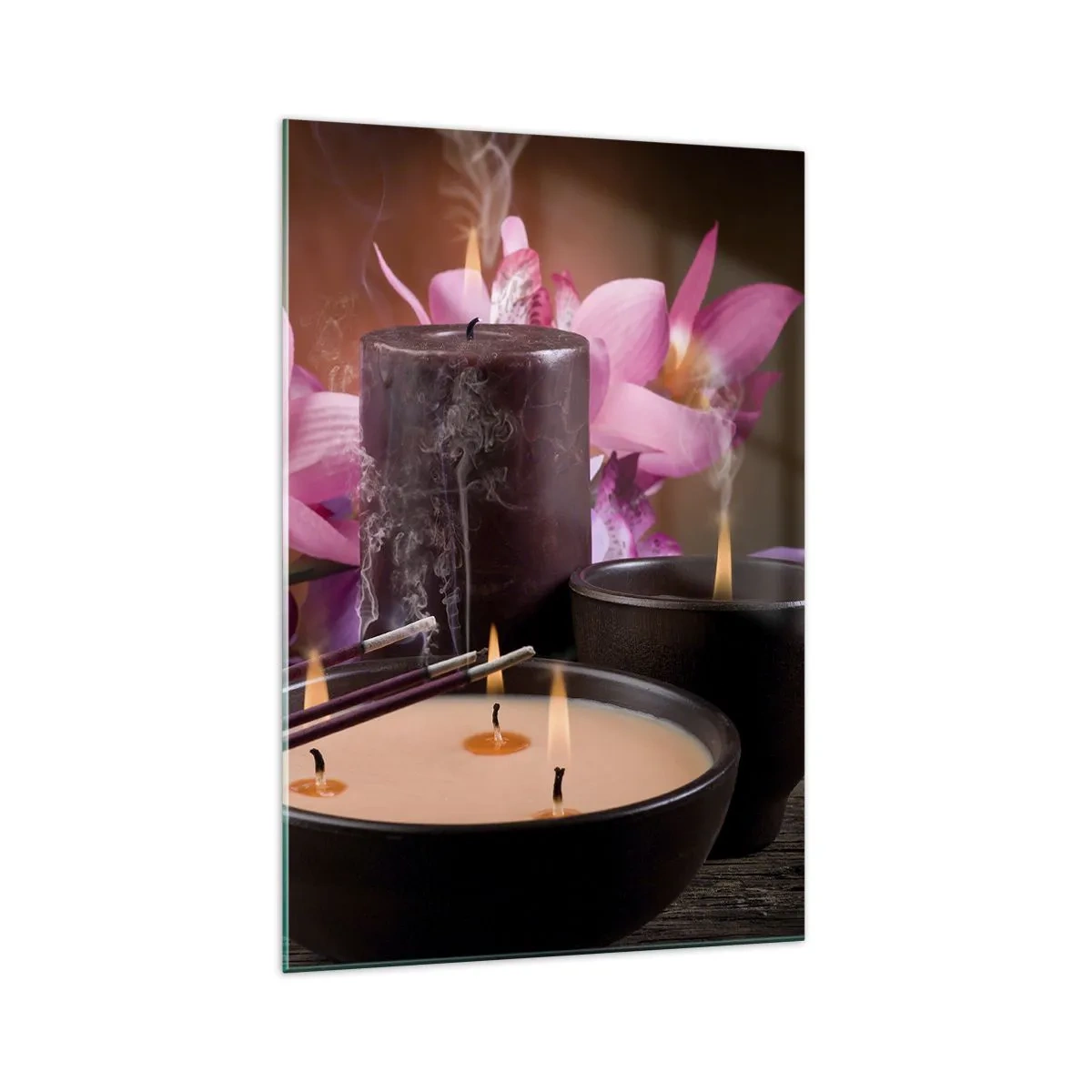 Impression sur verre - Image sur verre - Figurine de Bouddha avec bougies allumées et bâtons d'encens - 70x100cm - Vider l'esprit, calmer le corps - Décoration murale moderne pour le salon et la chambre ARTTOR