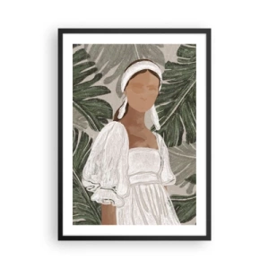Affiche dans un cadre noir - Poster - Une femme en robe blanche sur fond de feuilles vertes - 50x70cm - Portrait exotique - Décoration murale moderne pour le salon et la chambre ARTTOR