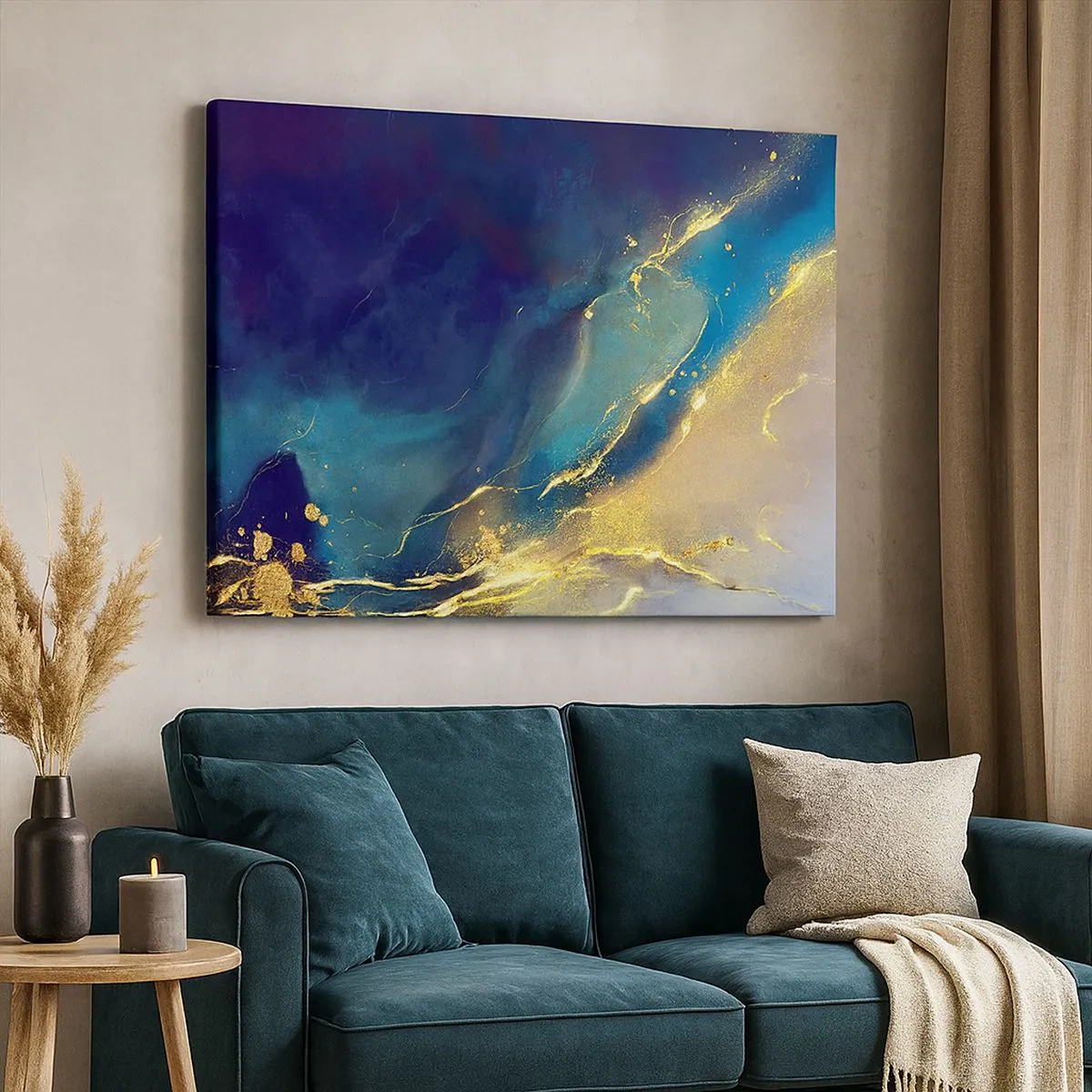 Impression sur toile - Image sur toile - Composition abstraite dans les tons bleu et or sur toile - 70x50cm - Coulée d'or - Décoration murale moderne pour le salon et la chambre ARTTOR