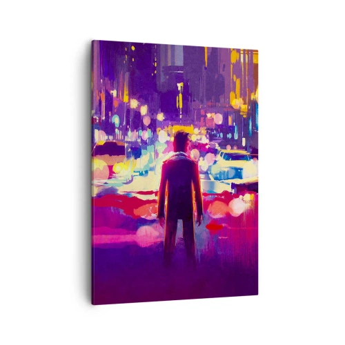 Impression sur toile - Image sur toile - Un homme dans une scène nocturne de ville au néon - 50x70cm - Immergé dans la lumière - Décoration murale moderne pour le salon et la chambre ARTTOR